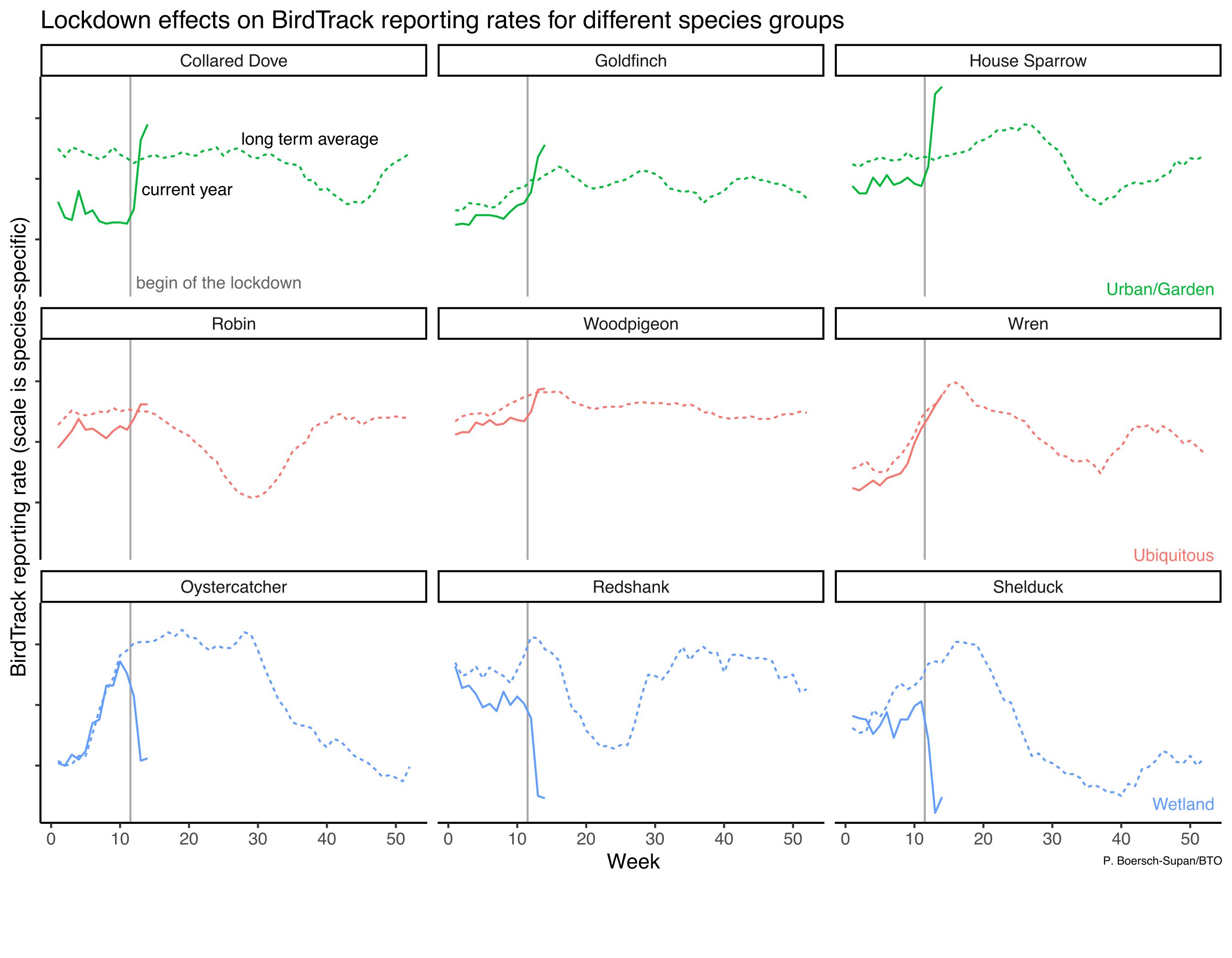 Reporting rate graph of different bird groups showing reporting increases in urban birds and decreases in wetland birds